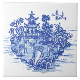 Azulejo De Cerâmica Blue Willow Deer Herd Antique Pagoda Phoenix