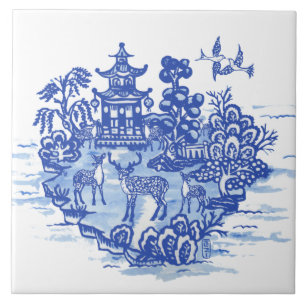 Azulejo De Cerâmica Blue Willow Deer Herd Antique Pagoda Phoenix