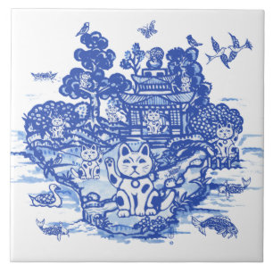Azulejo De Cerâmica Blue Willow Lucky Cat Chinoiserie Art
