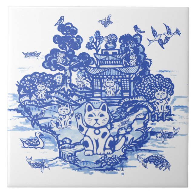 Azulejo De Cerâmica Blue Willow Lucky Cat Chinoiserie Art (Frente)
