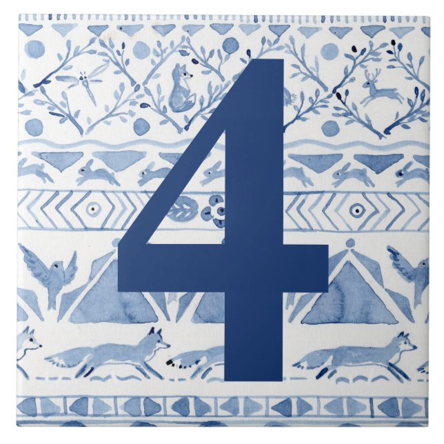 Azulejo De Cerâmica Blue Woodland Animal Ikat House Endereço 4 (Frente)