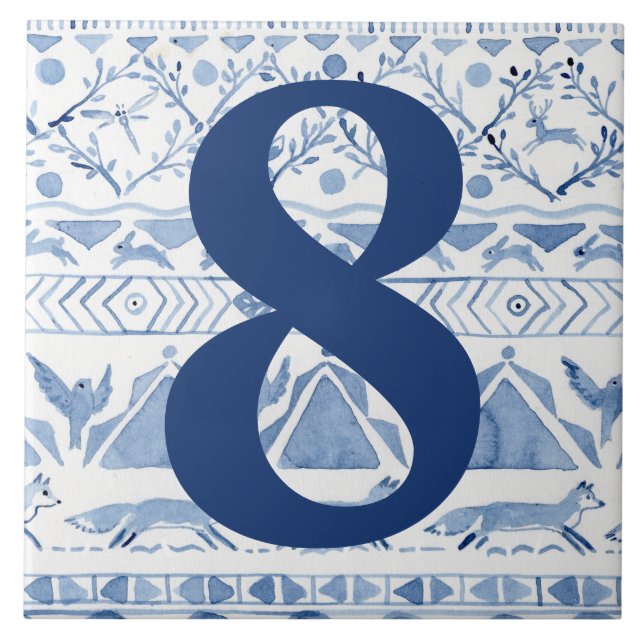 Azulejo De Cerâmica Blue Woodland Animal Ikat House Endereço 8 (Frente)