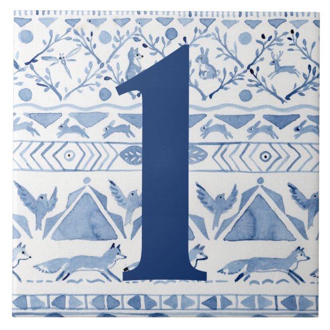 Azulejo De Cerâmica Blue Woodland Animal Ikat House Endereço Número 1 (Frente)