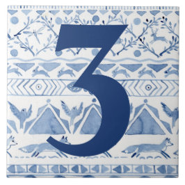 Azulejo De Cerâmica Blue Woodland Animal Ikat House Número 3