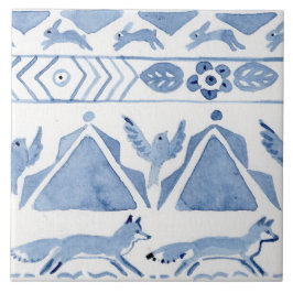 Azulejo De Cerâmica Blue Woodland Animal Ikat Pattern Fox Versão 2