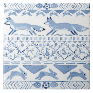 Azulejo De Cerâmica Blue Woodland Animal Ikat Pattern Fox Versão 3