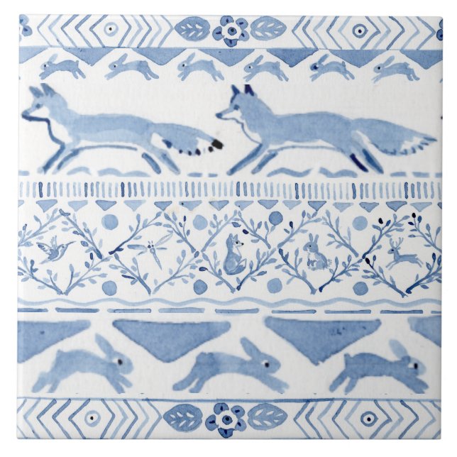 Azulejo De Cerâmica Blue Woodland Animal Ikat Pattern Fox Versão 3 (Frente)
