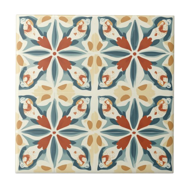 Azulejo De Cerâmica Blue Yellow and Rust Pattern Ceramic Tile (Frente)