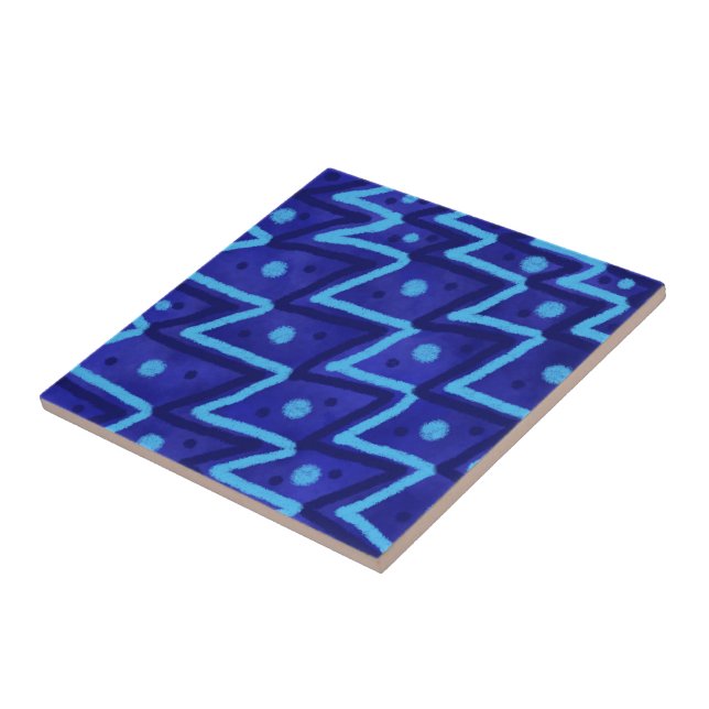 Azulejo De Cerâmica Blue Zig Zags Dots Funky Pattern  (Lateral)