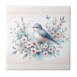 Azulejo De Cerâmica Bluebird Blossom Aquarela Serenidade