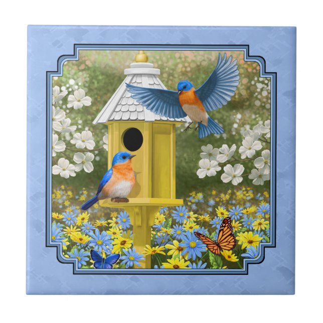 Azulejo De Cerâmica Bluebird e Hexagon Birdhouse Blue (Frente)