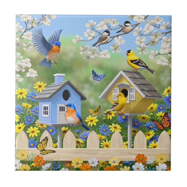 Azulejo De Cerâmica Bluebird Goldfinches Birdhouses Fllower Garden (Frente)