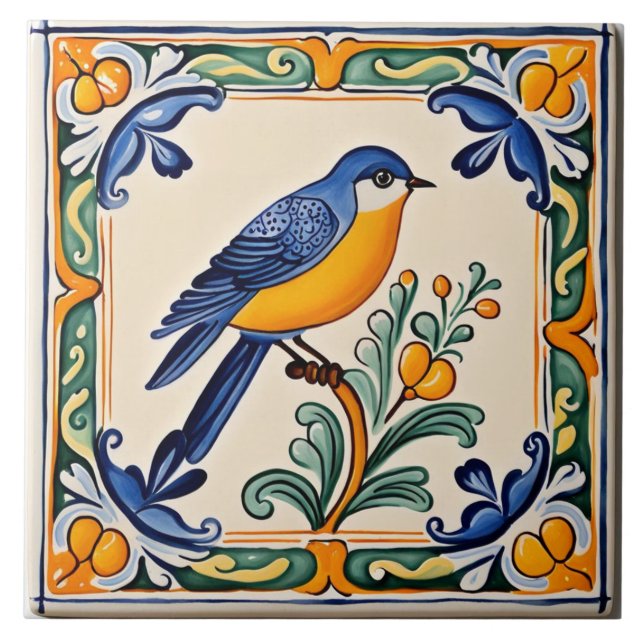 Azulejo De Cerâmica Bluebird Mediterranean Blue Bird Folk Animal (Frente)