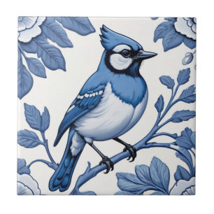 Azulejo De Cerâmica BlueJay Bird Delft Blue & White Asian Floral Jay