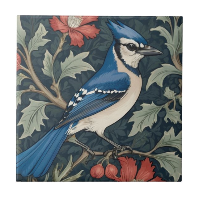 Azulejo De Cerâmica Bluejay Bird William Morris estilo Blue Jay (Frente)