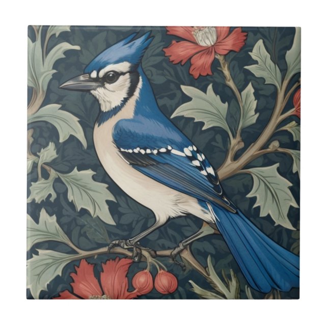 Azulejo De Cerâmica Bluejay Bird William Morris estilo Esquerdo Azul (Frente)