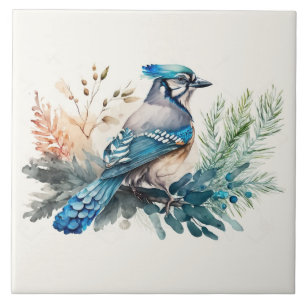 Azulejo De Cerâmica Bluejay em uma aquarela de ramificação