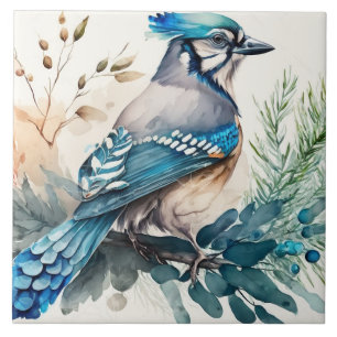 Azulejo De Cerâmica Bluejay em uma aquarela de ramificação