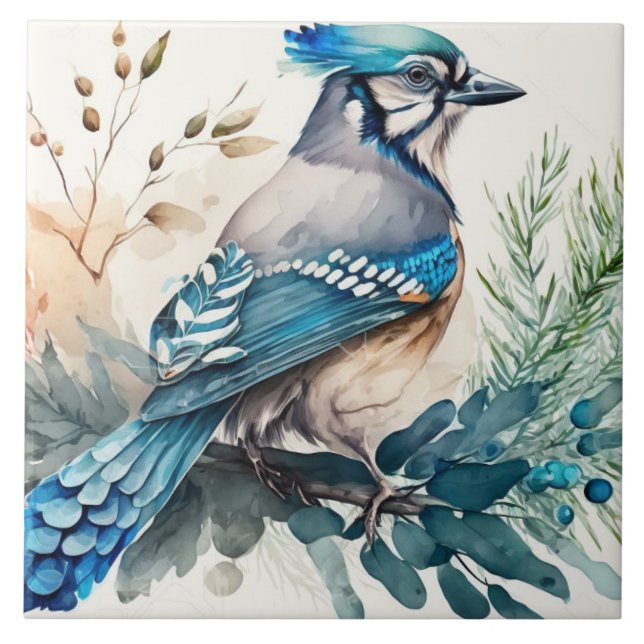 Azulejo De Cerâmica Bluejay em uma aquarela de ramificação (Frente)