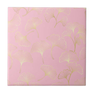Azulejo De Cerâmica Blush Ginkgo Luxe – Botânica Dourada sobre Rosa (2