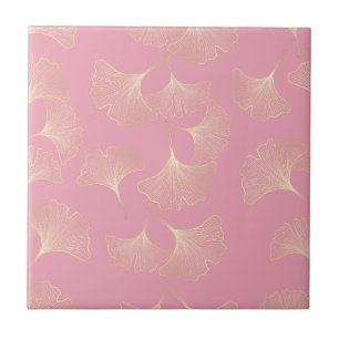 Azulejo De Cerâmica Blush Ginkgo Luxe – Botânica Dourada sobre Rosa (4