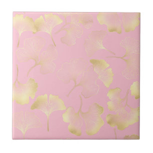 Azulejo De Cerâmica Blush Ginkgo Luxe – Botânica Dourada sobre Rosa (5