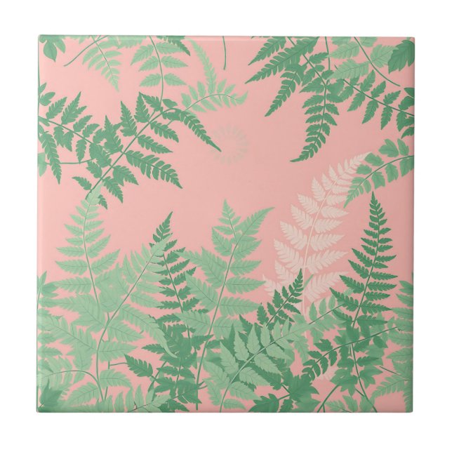 Azulejo De Cerâmica Blush Pink Fern Leaf Botanical Sage Green Modern  (Frente)
