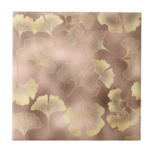 Azulejo De Cerâmica Blush Rosa Dourado Folhas de Ginkgo Elegante Botân