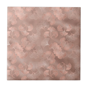 Azulejo De Cerâmica Blush Rosa Dourado Folhas de Ginkgo Elegante Botân