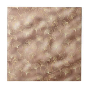 Azulejo De Cerâmica Blush Rosa Dourado Folhas de Ginkgo Elegante Botân