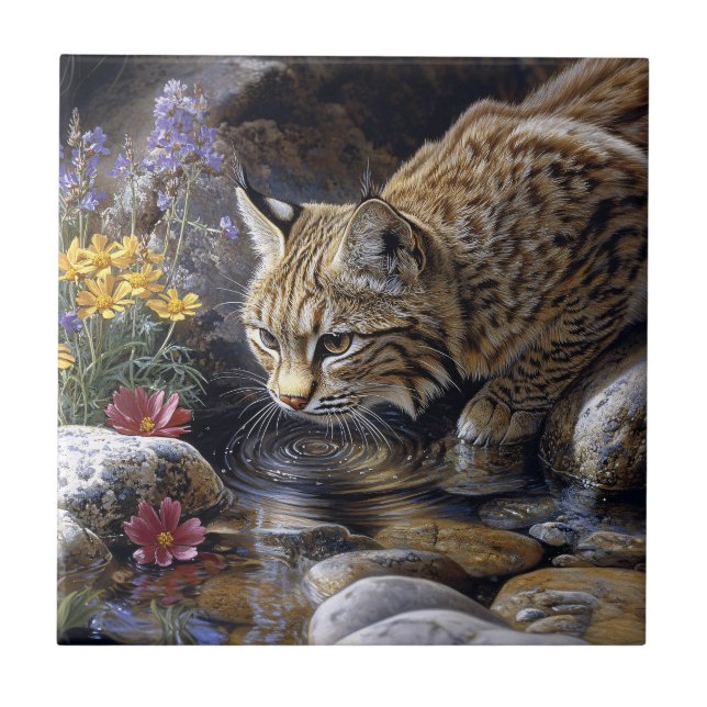 Azulejo De Cerâmica Bobcat com flores silvestres Arte cônica (Frente)