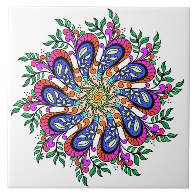 Azulejo De Cerâmica Bohemian Mod Floral Mandala (Frente)