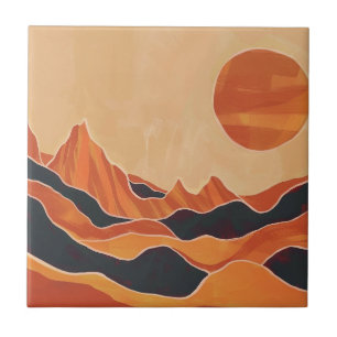 Azulejo De Cerâmica Boho Abstrato Paisagem Deserto com Sol Minimalista