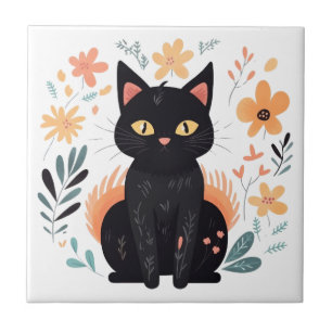 Azulejo De Cerâmica Boho Black Cat Scandinavian FolArt