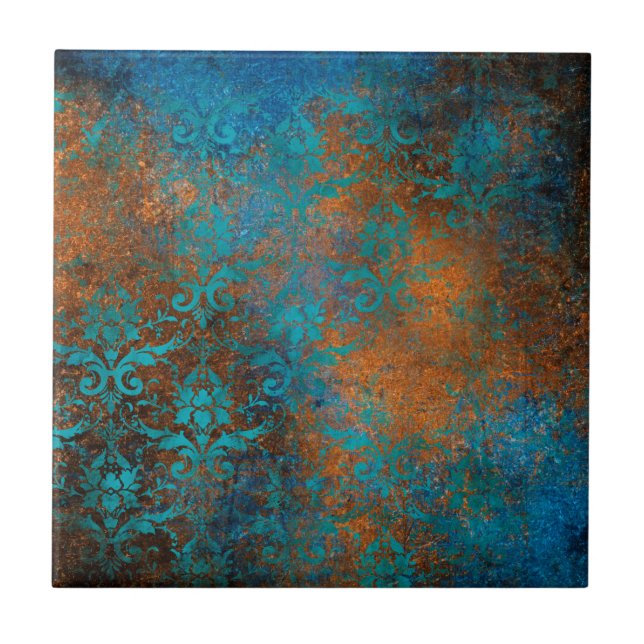 Azulejo De Cerâmica Boho Blue Floral Damask Grunge (Frente)