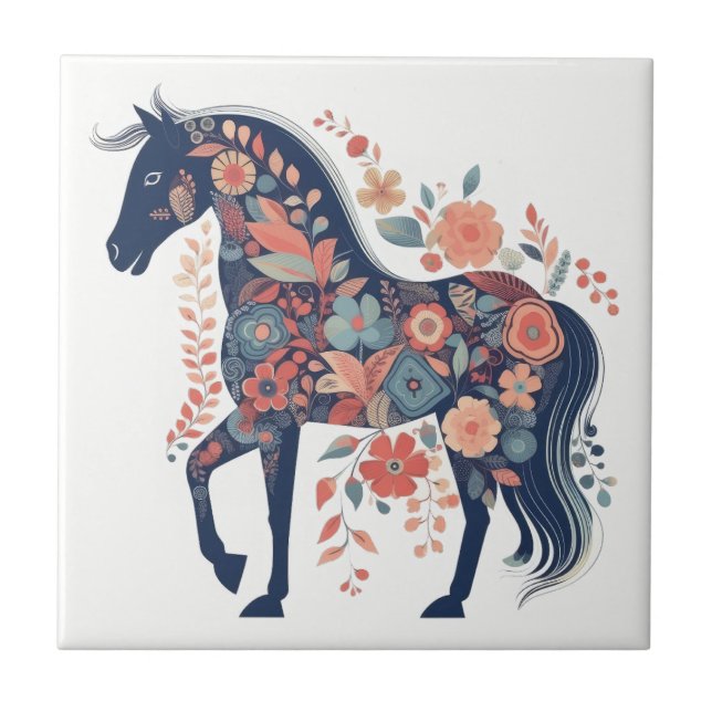 Azulejo De Cerâmica Boho Blue Floral Horse Scandinavian Folart (Frente)