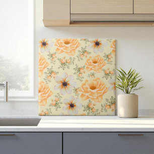 Azulejo De Cerâmica Boho Botânico Aquarela Laranja Creme Floral