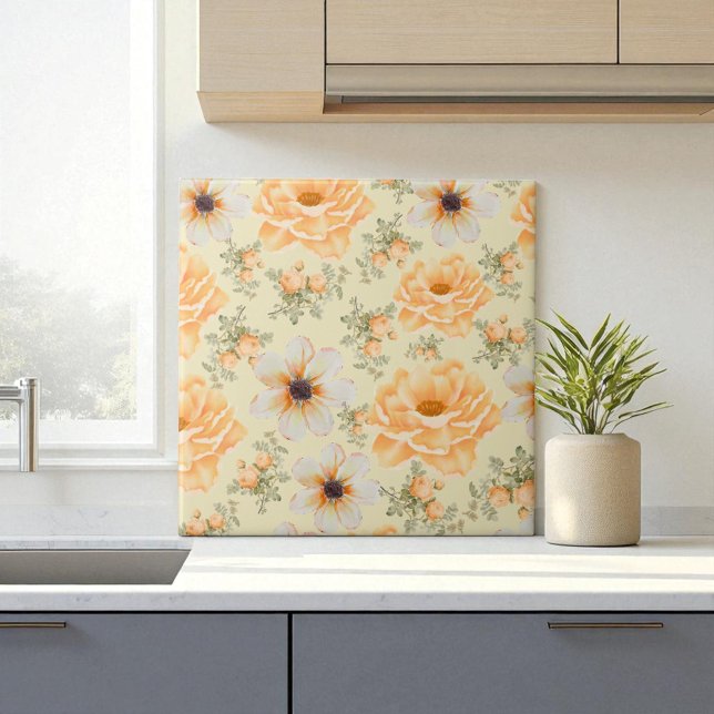 Azulejo De Cerâmica Boho Botânico Aquarela Laranja Creme Floral (Criador carregado)