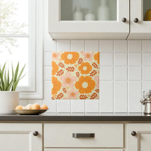 Azulejo De Cerâmica Boho Botânico Aquarela Laranja Floral