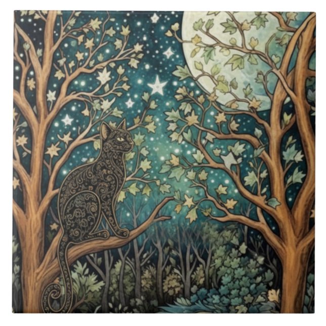 Azulejo De Cerâmica Boho cat starry night sky woodland forest (Frente)