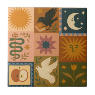 Azulejo De Cerâmica Boho Celestial Sol e Lua Retrospectiva