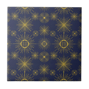 Azulejo De Cerâmica Boho Celestial Sun Stars Padrão Azul
