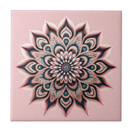 Azulejo De Cerâmica Boho Chic Blush Flor Rosa Mandala com Teal Escuro