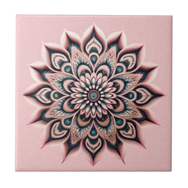 Azulejo De Cerâmica Boho Chic Blush Flor Rosa Mandala com Teal Escuro (Frente)