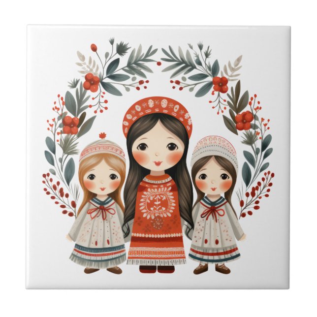 Azulejo De Cerâmica Boho Christmas Girls Scandinavian Folart (Frente)