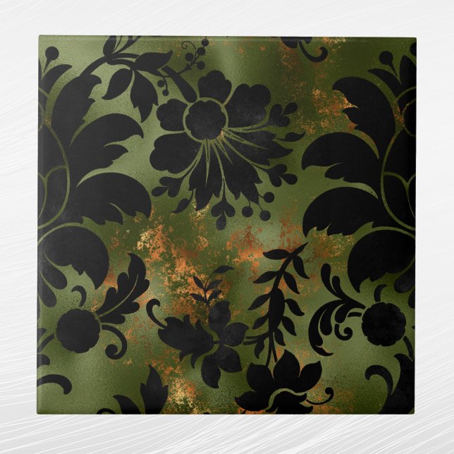 Azulejo De Cerâmica Boho Copper Black Green Floral (Criador carregado)