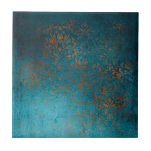 Azulejo De Cerâmica Boho Copper Blue Damask Grunge