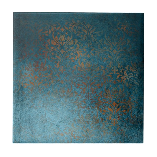 Azulejo De Cerâmica Boho Copper Blue Damask Grunge (Frente)