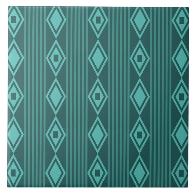 Azulejo De Cerâmica Boho Diamantes Listras Azul Turquesa (Frente)