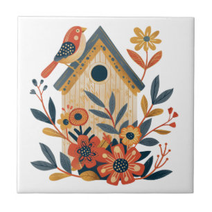 Azulejo De Cerâmica Boho Floral Bird House Arte Folclórica Escandinava
